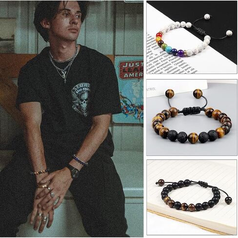 Jewdreamer 10Pcs Natural Stone Lava Rock Beaded Bracelets for Men Women 8mm Chakra Beads Essential Oil Diffuser Bracelets Tiger Eye Anxiety Stress Relief Bracelets Pack in Saudi Arabia