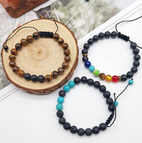 Jewdreamer 10Pcs Natural Stone Lava Rock Beaded Bracelets for Men Women 8mm Chakra Beads Essential Oil Diffuser Bracelets Tiger Eye Anxiety Stress Relief Bracelets Pack in Saudi Arabia