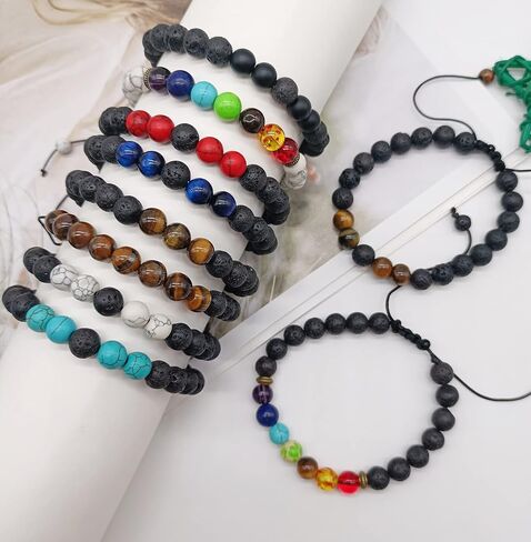 Jewdreamer 10Pcs Natural Stone Lava Rock Beaded Bracelets for Men Women 8mm Chakra Beads Essential Oil Diffuser Bracelets Tiger Eye Anxiety Stress Relief Bracelets Pack in Saudi Arabia