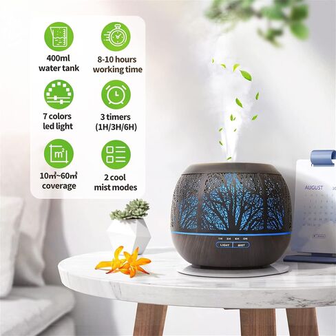 Essential Oil Diffuser Humidifier for Home: 400ml Ultrasonic Aroma Air Diffusers for Large Room - Aromatherapy Cool Mist Vaporizer with Timer & LED Light for Bedroom in Saudi Arabia