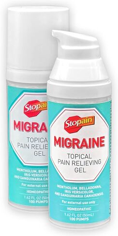 مضخة جل Stopain Migraine لتخفيف الآلام، 1.62 أونصة (عبوتان)، صنعت في الولايات المتحدة الأمريكية، أثبتت أبحاث القوة القصوى سريعة المفعول فعاليتها الموضعية، لا توجد آثار جانبية معروفة أو تفاعلات دوائية، منتجات معتمدة من HSA FSA in Kuwait