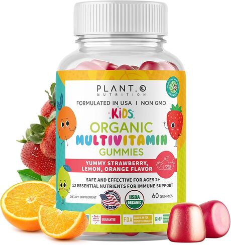 PLANT.O NUTRITION حلوى عضوية متعددة الفيتامينات للأطفال [فيتامينات لذيذة للأطفال من وزارة الزراعة الأمريكية] مع فيتامين C وD وA وB والزنك للمناعة والنمو والدماغ والطاقة والنباتية وخالية من الغلوتين، 60 قطعة مضغ in Kuwait