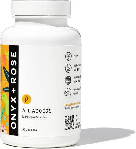 كبسولات الفطر Onyx + Rose All Access للعافية اليومية. عرف الأسد، والريشي، والشاجا، والكورديسيبس، وذيل الديك الرومي، والمايتاكي والشيتاكي لدعم الجهاز المعرفي والعصبي وصحة الأمعاء in Kuwait