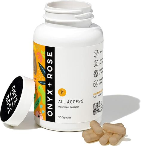 كبسولات الفطر Onyx + Rose All Access للعافية اليومية. عرف الأسد، والريشي، والشاجا، والكورديسيبس، وذيل الديك الرومي، والمايتاكي والشيتاكي لدعم الجهاز المعرفي والعصبي وصحة الأمعاء in Kuwait