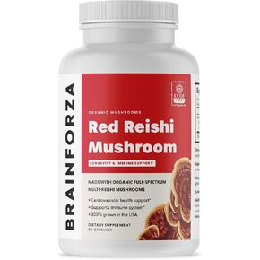 كبسولات فطر ريشي احمر عضوي من برين فورزا، تدعم المناعة وتعمل على دعم المناعة لصحة القلب والقلب والاوعية الدموية والصحة العامة والحيوية وغير معدلة وراثيا ونباتية وعضوية، 90 كبسولة in Kuwait