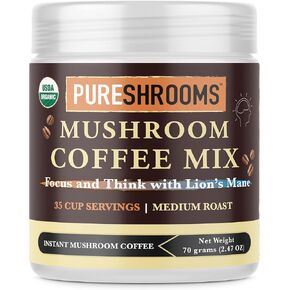 Mushroom Instant Coffee - Med. Roast w/Ultra Concentrated 30:1 Organic Lion's Mane, Reishi, Cordyceps - 0 Sugar No Preservatives or Artificial Flavors Non-GMO (2.47oz/70g)