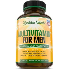 Men's Multivitamin Supplement for Energy, Focus and Performance. Mens Vitamins A, C, D, E & B12, Zinc, Calcium, Magnesium & More. Multi Vitamin 60 Capsules Made in The USA in Saudi Arabia