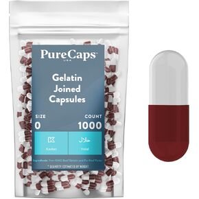 بيور كابس الولايات المتحدة الأمريكية - كبسولات جيلاتينية فارغة مقاس 0، 1000 حبة هلامية متصلة فارغة، برتقالي/أبيض، معتمدة كغير معدلة وراثيًا، موافق للشريعة اليهودية، خالية من الغلوتين ومعتمدة من حلال، كبسولات حبوب هلامية من لحم البقر النقي فارغة in Kuwait