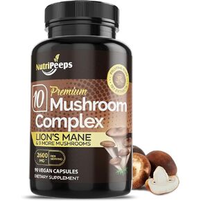 مركب فطر نوتري بيبس 2600 مجم، 90 كبسولة - مزيج 10 فطر - عرف الأسد، مايتاكي، شيتاكي، ريشي والمزيد من المكملات منشطة للذهن - الدماغ والطاقة وحبوب التركيز in Kuwait