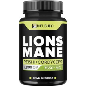 WELBUDA 5in1 Lions Mane Mushroom Supplement 7550 Mg - 90 Capsules - Strong Extract with Reishi Mushroom, Cordyceps Sinensis & More - Support for - Immune System, Mental Clarity & Energy Production in Kuwait