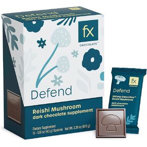 Fx Chocolate Defend - Sugar Free Adaptogen Mushroom Chocolate Supplement for Energy + Immune Support with Cacao + Reishi - Keto Dark Chocolate - Vegan + Non-GMO (Box of 15)