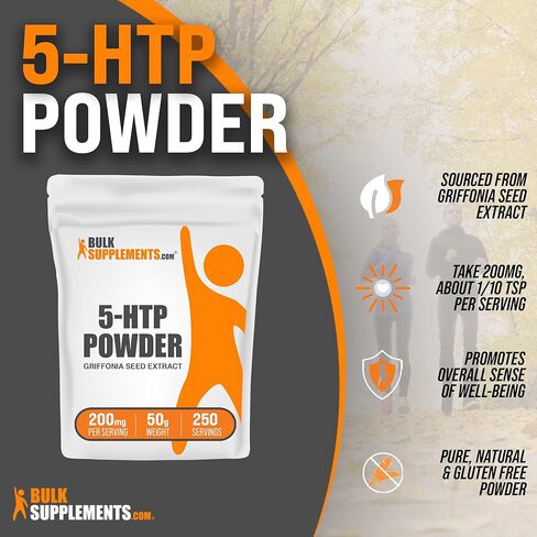 BULKSUPPLEMENTS.COM مسحوق 5-HTP - 5-Hydroxytryptophan، مكمل 5 HTP، 5-HTP 200 مجم - من مستخلص بذور جريفونيا - خالي من الغلوتين، 200 مجم من مكمل HTP5 لكل وجبة، 50 جم (1.8 أونصة) in Kuwait
