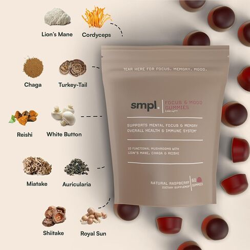 com.smpl. علكات الفطر التركيز والمزاج - أفضل حلوى فطر يومية في العالم - مزيج 10 فطر مع تشاجا، عرف الأسد، الريشي - تعزيز تركيزك، الطاقة، المناعة، المزاج - 60 علكة in Kuwait