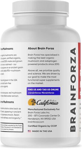 كبسولات فطر ريشي احمر عضوي من برين فورزا، تدعم المناعة وتعمل على دعم المناعة لصحة القلب والقلب والاوعية الدموية والصحة العامة والحيوية وغير معدلة وراثيا ونباتية وعضوية، 90 كبسولة in Kuwait