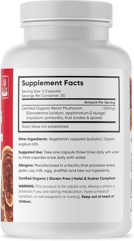 كبسولات فطر ريشي احمر عضوي من برين فورزا، تدعم المناعة وتعمل على دعم المناعة لصحة القلب والقلب والاوعية الدموية والصحة العامة والحيوية وغير معدلة وراثيا ونباتية وعضوية، 90 كبسولة in Kuwait