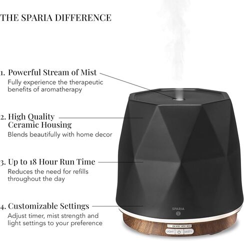 SPARIA Ceramic Ultrasonic Essential Oil Diffuser for Aromatherapy, Matte Black with Wood Grain, 300ml, 18 Hour Runtime in Saudi Arabia