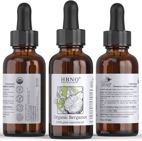 HBNO Organic Bergamot Essential Oil Bergapten-Free - 100% Pure & Natural and USDA Certified Organic - for Face, Body, Skin, Lips, Hair, Nails, Shampoo, Conditioner - 1 OZ (30 ml) in Kuwait