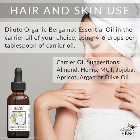 HBNO Organic Bergamot Essential Oil Bergapten-Free - 100% Pure & Natural and USDA Certified Organic - for Face, Body, Skin, Lips, Hair, Nails, Shampoo, Conditioner - 1 OZ (30 ml) in Kuwait