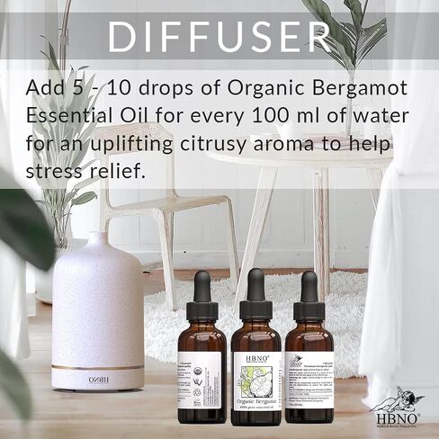 HBNO Organic Bergamot Essential Oil Bergapten-Free - 100% Pure & Natural and USDA Certified Organic - for Face, Body, Skin, Lips, Hair, Nails, Shampoo, Conditioner - 1 OZ (30 ml) in Kuwait