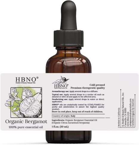 HBNO Organic Bergamot Essential Oil Bergapten-Free - 100% Pure & Natural and USDA Certified Organic - for Face, Body, Skin, Lips, Hair, Nails, Shampoo, Conditioner - 1 OZ (30 ml) in Kuwait