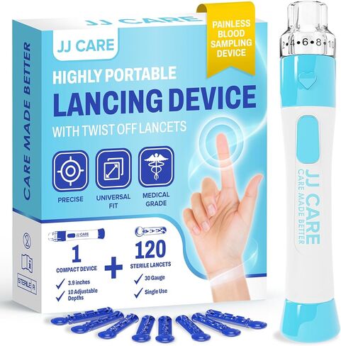 JJ CARE Lancing Device with 120 PCS Twist Off Lancets (30 gauge), 10 Adjustable Depth Settings, Lancing Device for Diabetes Testing with Push Button Ejector, Lancet Device for Blood Glucose Testing in Saudi Arabia