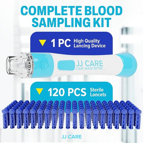 JJ CARE Lancing Device with 120 PCS Twist Off Lancets (30 gauge), 10 Adjustable Depth Settings, Lancing Device for Diabetes Testing with Push Button Ejector, Lancet Device for Blood Glucose Testing in Saudi Arabia