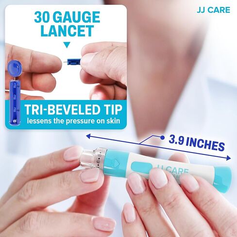 JJ CARE Lancing Device with 120 PCS Twist Off Lancets (30 gauge), 10 Adjustable Depth Settings, Lancing Device for Diabetes Testing with Push Button Ejector, Lancet Device for Blood Glucose Testing in Saudi Arabia