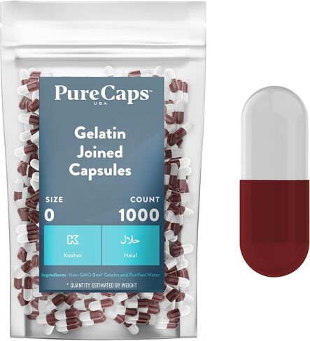 بيور كابس الولايات المتحدة الأمريكية - كبسولات جيلاتينية فارغة مقاس 0، 1000 حبة هلامية متصلة فارغة، برتقالي/أبيض، معتمدة كغير معدلة وراثيًا، موافق للشريعة اليهودية، خالية من الغلوتين ومعتمدة من حلال، كبسولات حبوب هلامية من لحم البقر النقي فارغة in Kuwait