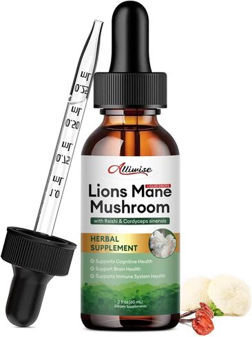 Alliwise Lions Mane Mushroom Drops Liquid, Mushroom Supplement with Reishi & Cordyceps Sinensis for Promotes Mental Clarity, Focus and Memory, Immune Support, Non-GMO, Vegan, 1 Month Supply in Kuwait