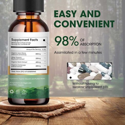 Alliwise Lions Mane Mushroom Drops Liquid, Mushroom Supplement with Reishi & Cordyceps Sinensis for Promotes Mental Clarity, Focus and Memory, Immune Support, Non-GMO, Vegan, 1 Month Supply in Kuwait