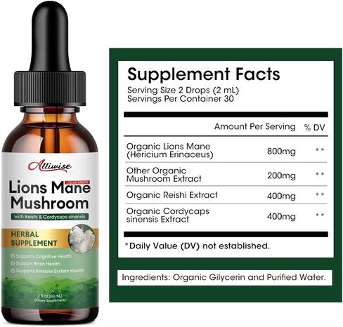 Alliwise Lions Mane Mushroom Drops Liquid, Mushroom Supplement with Reishi & Cordyceps Sinensis for Promotes Mental Clarity, Focus and Memory, Immune Support, Non-GMO, Vegan, 1 Month Supply in Kuwait