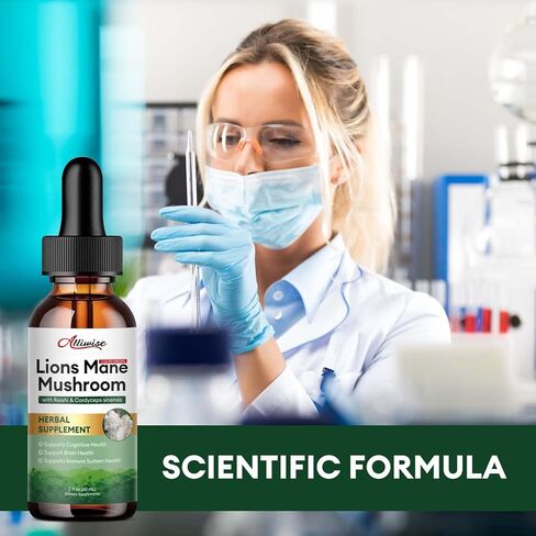 Alliwise Lions Mane Mushroom Drops Liquid, Mushroom Supplement with Reishi & Cordyceps Sinensis for Promotes Mental Clarity, Focus and Memory, Immune Support, Non-GMO, Vegan, 1 Month Supply in Kuwait