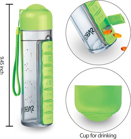 Synergy Water Bottle & Pill Organizer - Travel Storage Container for Water, Juice, Vitamins - Portable 7-Day Pillbox - for Outdoor, Gym, Travel - Easy Carry Strap - BPA Free Plastic - 400ml (Pink) in Saudi Arabia
