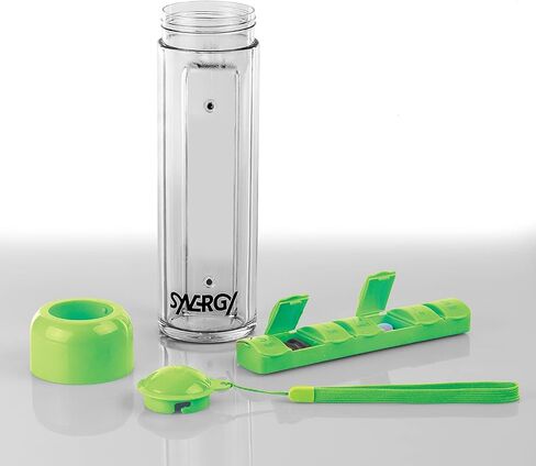 Synergy Water Bottle & Pill Organizer - Travel Storage Container for Water, Juice, Vitamins - Portable 7-Day Pillbox - for Outdoor, Gym, Travel - Easy Carry Strap - BPA Free Plastic - 400ml (Pink) in Saudi Arabia