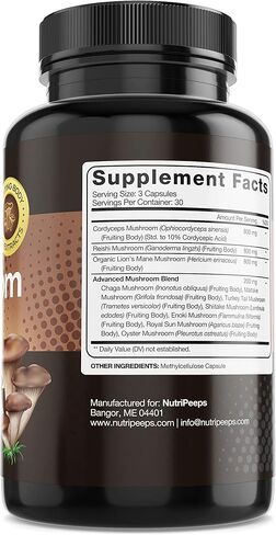 مركب فطر نوتري بيبس 2600 مجم، 90 كبسولة - مزيج 10 فطر - عرف الأسد، مايتاكي، شيتاكي، ريشي والمزيد من المكملات منشطة للذهن - الدماغ والطاقة وحبوب التركيز in Kuwait