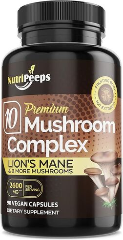 مركب فطر نوتري بيبس 2600 مجم، 90 كبسولة - مزيج 10 فطر - عرف الأسد، مايتاكي، شيتاكي، ريشي والمزيد من المكملات منشطة للذهن - الدماغ والطاقة وحبوب التركيز in Kuwait