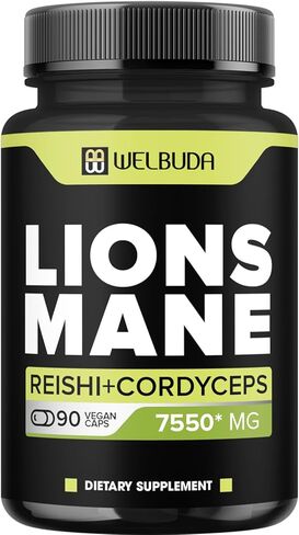 WELBUDA 5in1 Lions Mane Mushroom Supplement 7550 Mg - 90 Capsules - Strong Extract with Reishi Mushroom, Cordyceps Sinensis & More - Support for - Immune System, Mental Clarity & Energy Production in Kuwait