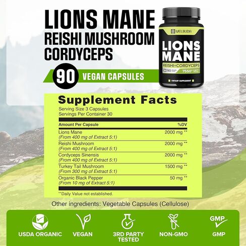 WELBUDA 5in1 Lions Mane Mushroom Supplement 7550 Mg - 90 Capsules - Strong Extract with Reishi Mushroom, Cordyceps Sinensis & More - Support for - Immune System, Mental Clarity & Energy Production in Kuwait