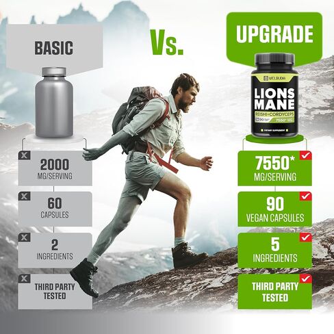 WELBUDA 5in1 Lions Mane Mushroom Supplement 7550 Mg - 90 Capsules - Strong Extract with Reishi Mushroom, Cordyceps Sinensis & More - Support for - Immune System, Mental Clarity & Energy Production in Kuwait