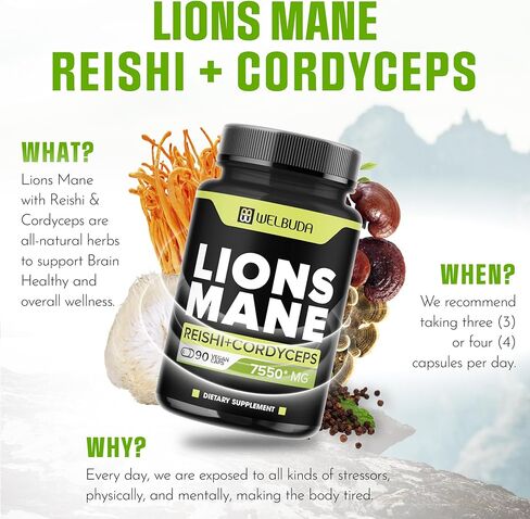 WELBUDA 5in1 Lions Mane Mushroom Supplement 7550 Mg - 90 Capsules - Strong Extract with Reishi Mushroom, Cordyceps Sinensis & More - Support for - Immune System, Mental Clarity & Energy Production in Kuwait