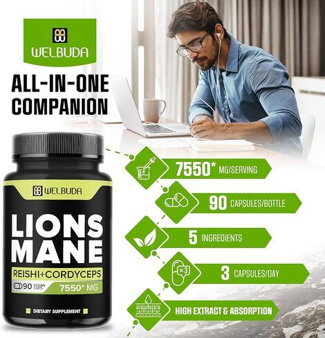 WELBUDA 5in1 Lions Mane Mushroom Supplement 7550 Mg - 90 Capsules - Strong Extract with Reishi Mushroom, Cordyceps Sinensis & More - Support for - Immune System, Mental Clarity & Energy Production in Kuwait