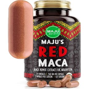كبسولات جذر الماكا 4 في 1 من Maju Superfoods، جذور عضوية سوداء وصفراء وحمراء مع مستخلص الفلفل الأسود للامتصاص (120 قيراط) | منتج بيرو، مسحوق بيرو، مكمل غذائي للرجال والنساء، 60.000 ملغ in Kuwait