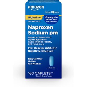 أمازون بيسك كير لتخفيف الآلام طوال الليل، نابروكسين الصوديوم، 220 مجم/ديفينهيدرامين هيدروكلوريد، 25 مجم أقراص، مسكن للألم/مساعد للنوم أثناء الليل، 160 قرص in Kuwait