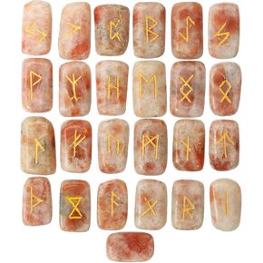 Crocon Sunstone rectangle shape gemstone runes with Elder Futhark Alphabet Engraved 25 pcs rune set Crystal Divination metaphysical Healing Chakra Reiki runes set with a pouch Size : 20-25mm in Kuwait