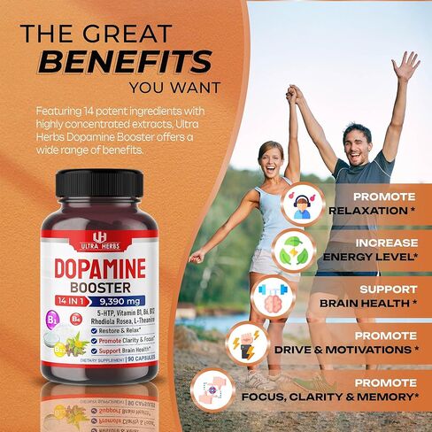 مكمل تركيز الدوبامين أشواغاندا 5000 مجم 5-HTP 50 مجم رهوديولا الوردية 2000 مجم نبتة سانت جون 2000 مجم - زيادة وضوح الذاكرة، استعادة التركيز، الاسترخاء مع فيتامين ب1، ب6، ب12، إل-ثيانين in Kuwait