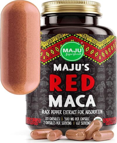 كبسولات جذر الماكا 4 في 1 من Maju Superfoods، جذور عضوية سوداء وصفراء وحمراء مع مستخلص الفلفل الأسود للامتصاص (120 قيراط) | منتج بيرو، مسحوق بيرو، مكمل غذائي للرجال والنساء، 60.000 ملغ in Kuwait