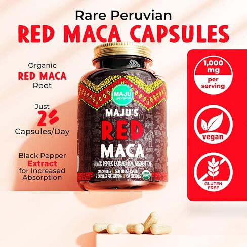 كبسولات جذر الماكا 4 في 1 من Maju Superfoods، جذور عضوية سوداء وصفراء وحمراء مع مستخلص الفلفل الأسود للامتصاص (120 قيراط) | منتج بيرو، مسحوق بيرو، مكمل غذائي للرجال والنساء، 60.000 ملغ in Kuwait