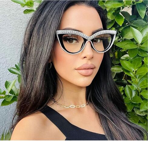 mincl Womens Luxurious Colorful Rhinestone Cat Eye Reading Glasses Blue light blocking Reader Computer Eyeglass Frame in Kuwait