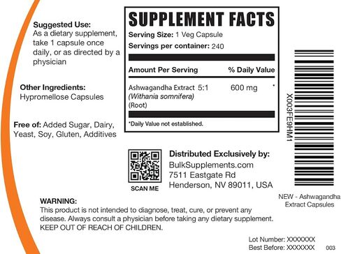 BULKSUPPLEMENTS.COM Ashwagandha Root Extract Capsules - Ashwagandha 600mg, Ashwagandha Supplement, Ashwagandha Root Capsules, Vegan & Gluten Free, 1 Capsules per Serving, 240 Veg Capsules in Saudi Arabia