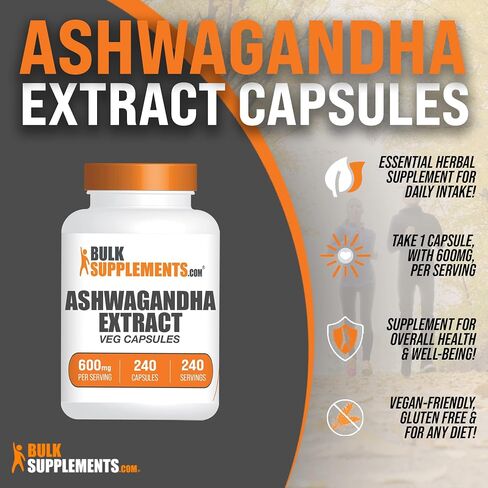 BULKSUPPLEMENTS.COM Ashwagandha Root Extract Capsules - Ashwagandha 600mg, Ashwagandha Supplement, Ashwagandha Root Capsules, Vegan & Gluten Free, 1 Capsules per Serving, 240 Veg Capsules in Saudi Arabia